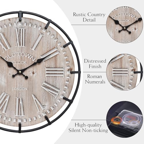 EMAX HOME 12 Inch Farmhouse Wall Clock Rustic Antique Wood with Metal Circle and Large Engraved Numerals, Silent Battery Operated Wall Clock for Office Kitchen Bedroom Living Room