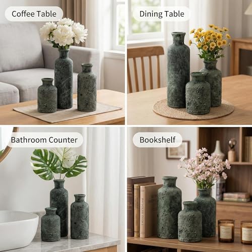 Vintage Ceramic Flower Vase Set of 3, Rustic Farmhouse Vase for Home Decor, Distressed Decorative Vase for Table Entryway Mantel Centerpiece Living Room Bathroom Bedroom (Patina Gray)