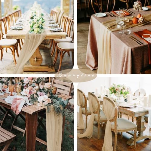10FT 6 Pcs Sand Cheesecloth Table Runner Boho Gauze Fabric Cheese Cloth Table Runner Decoration Rustic Semi Sheer Runner for Wedding Birthday Baby Shower Party Decor (Sand)