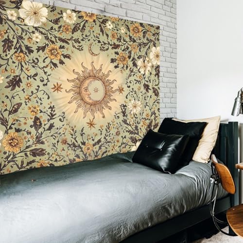 Riyidecor Boho Sun and Moon Tapestry 59Wx51H Inch Green Bohemian Whimsical Floral Flower Leaves Plant Vintage Hippie Retro Rustic Wall Hanging Artistic Home Dorm Decor Art Living Room Bedroom