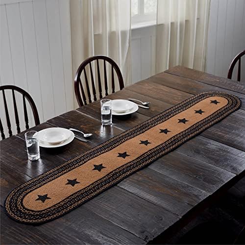 VHC Brands Farmhouse Star, Braided Jute Table Runner, Oval, Black Tan, 13x72