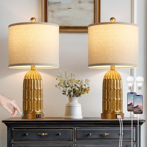 Cinkeda Table Lamps for Bedroom Set of 2, Farmhouse 3-Way Dimmable Touch Nightstand Lamp with 2 USB Charging Ports, Vintage Rustic Traditional Bedside Lamp for Living Room End Table