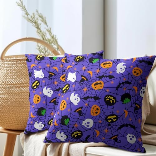 Halloween Purple Throw Pillow Covers 20x20 inch Set of 2 Humour Pumpkins Ghost Skeleton Bat Web Decorative Pillowcase Holiday Cotton Linen Pillow Cases for Home Sofa Porch Outdoor Decor