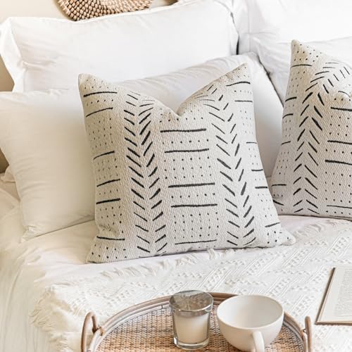 BlissBlush Off White Decorative Throw Pillow Covers 18X18, Set of 2, Boho Farmhouse Square Cushion Cover, Cozy Soft Accent Pillowcase for Couch Sofa Bed Living Room Home Décor