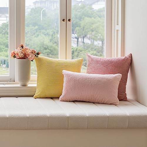 Home Brilliant Pink Throw Pillows for Sofa Euro Sham Striped Corduroy Velvet Pillow Covers 60x60 cm Set of 2 Cushion Cover for Couch Decor, 24 x 24 inch, Baby Pink