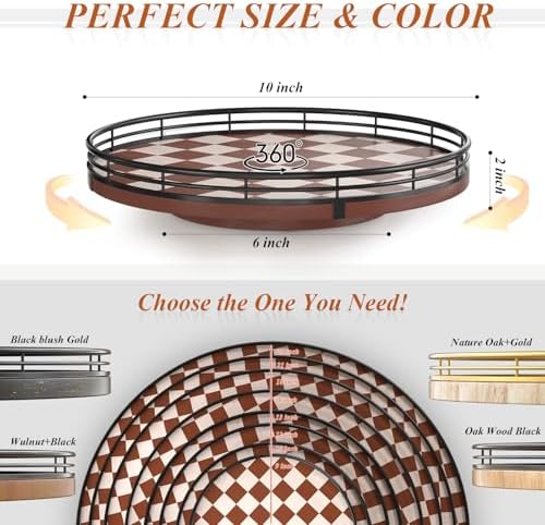 AMH 10-Inch Brown Checkerboard Lazy Susan Organizer with Black Metal Rail