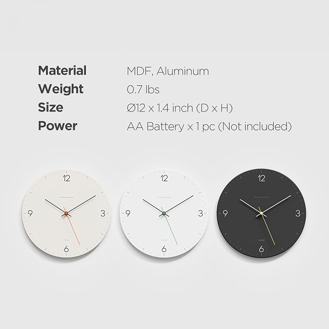 mooas Flatwood Wall Clock,12" Non-Ticking Sweep Movement (Simple White) | Decorative Battery Operated Wall Clock for Home Living Room Kitchen Bedroom Office School
