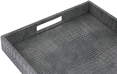 HofferRuffer Rectangle Serving Tray with Hole Handles for Coffee Table, Breakfast, Tea, Food, Butler - Countertop, Kitchen, Vanity Serve Tray, 16.2 x 12.2 x 2 inches, Faux Leather Tray (Dark Grey)