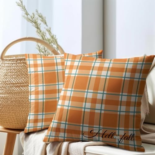 Orange Stripe Fall Throw Pillow Cover 20x20 Inch Set of 2 Hello Fall Stripes Buffalo Plaid Decorative Pillow Protector Pumpkin Autumn Thanksgiving Outdoor Cushion Case for Home Sofa Porch
