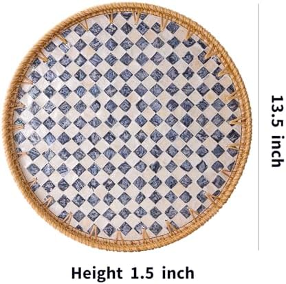 Round Rattan Tray with Mother of Pearl Inlay, Rattan Serving Tray with Wooden Base, Decorative Wicker Basket for Table Decor, Storage and Display of Coffee Bread Food Fruit (Checkerboard 13.5")