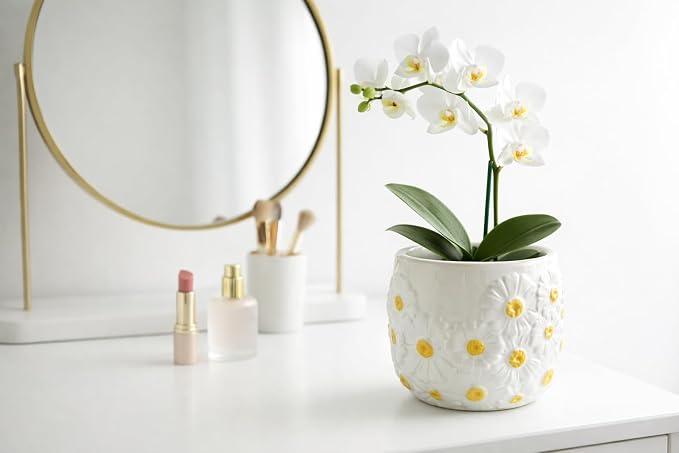 4.5 Inch Ceramic Planter Pot with Drainage Hole-Indoor Outdoor Flower Pot for Houseplants, Succulents & Flowers, Home Decor, Daisy Pattern