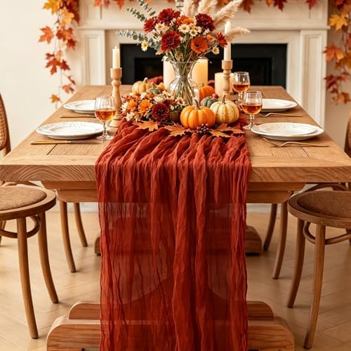 Fall Table Runner, 10FT Thanksgiving Terracotta Cheesecloth Table Runner 35*120inch Burnt Orange Decor for Autumn Fall Wedding Baby Shower Friendsgiving Thanksgivig Home Kitchen Table Decorations
