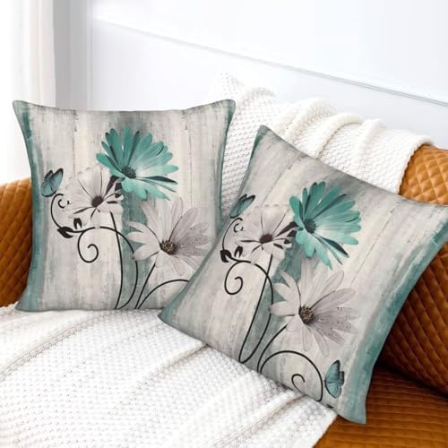 Teal Floral Pillow Covers 18 x 18 Inch Set of 2 Daisy Floral Butterfly Decorative Throw Pillow Covers Linen Rustic Farmhouse Cushion Cases for Home Sofa Couch Living Room Decor