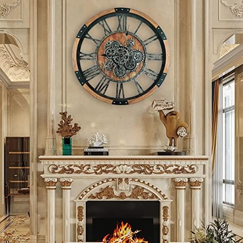 24 Inch Moving Gear Wall Clock, Oversized Wall Clocks, Clock Living Room Decor, Solid Wood Frame, Battery Operated, Large Wall Clock with Steampunk Industrial for Fireplace(Brown)