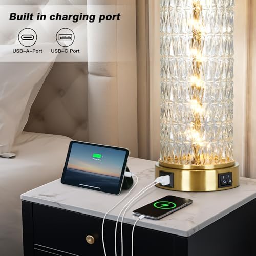 28" Gold Glass Table Lamps Set of 2, Gold Modern Bedside Lamp with LED Night Light, USB A+C, Glass Lamps for Living Room, Bedroom, Nightstand, Office, End Table (2 Bulbs Included)