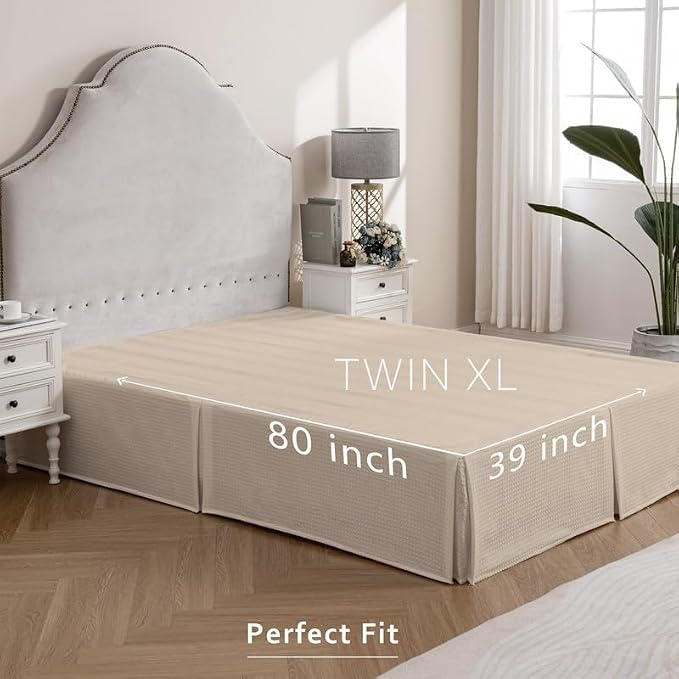 MIYE Pleated Waffle Weave Bed Skirt, Tailored Dust Ruffle 16 Inch Drop Easy Fit, Machine Washable,No Split Corners (Beige, TwinXL - 16" Drop)