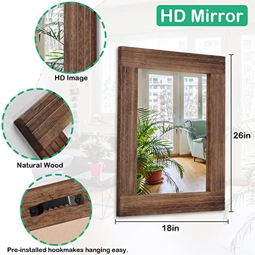 Rustic Mirror Wooden Rectangular Antique Wall Mirror Frame Decor Farmhouse Bedroom Dresser Bedroom Entryway Mirror Large Brown 26"x18"