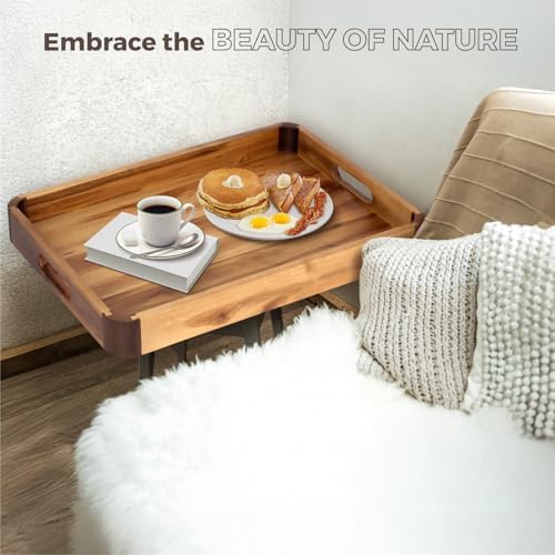 22 x 15.7 Inch Large Acacia Wood Serving Tray with Handles, Extra Spacious Decorative Wooden Tray with Dark Walnut-Tone Curved Corner Accents for Coffee Table, Ottoman & Kitchen Counter