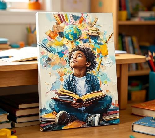 Black Boy Reading Canvas Wall Art Inspirational Books For African American Boys Painting Picture Wall Decor African Boy Poster Print Artwork for Teenagers' Living Room Study Home Decoration 12x16in