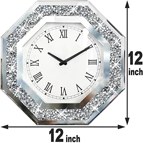 Wall Clock, Octagon Mirror Glass Clock, Cute Diamond 12-inch Non-Ticking Clock for Wall Décor, Perfect Home Decor for Bedroom, Bathroom Motif, Dining Room(Excluding Batteries.)