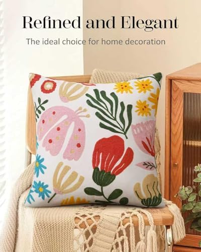 Embroidered Floral Boho Throw Pillow Cover 18x18 Inch - Decorative Cotton Pillow Case for Couch, Sofa, Bedroom, Living Room - Farmhouse Home Aesthetic Housewarming Gifts (Mixed Floral, 18" x 18")