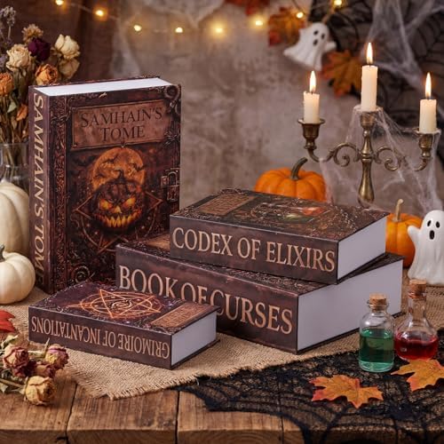 Sabary Set of 4 Decorative Books Boxes Faux Books Stacked for Coffee Tables Modern Home Bookshelves DIY Crafts Decor(Classic,Halloween)