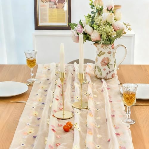 FEXIA Table Runner 10FT Floral Gauze Tea Party Decorations Embroidery