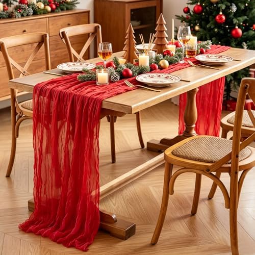 Red Cheesecloth Table Runner, 10FT Rustic Christmas Red Boho Gauze Table Runner for Christmas Wedding Bridal Shower Baby Shower Birthday Tea Party Decorations