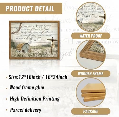 Cross Christian Wall Art Barn Windmill Country Pictures Framed 12x16 Inch | Bible Verses Paintings, Vintage Hymn Canvas Prints, Religious Artwork for Prayer Room Office Church Decor