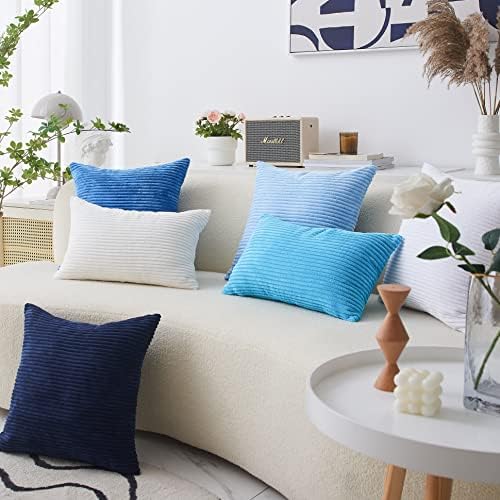 Home Brilliant Blue Pillow Covers Striped Corduroy Euro Sham 24 inch Throw Pillow Cover Decorative Pillow Cases for Bed, 24x24 inch, Blue