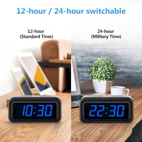 Digital Alarm Clock Battery Operated with LED Display for Bedrooms, Long Battery Life, 3 Brightness Adjustable, 12/24 Hour, Snooze, Black Case with Blue Digits