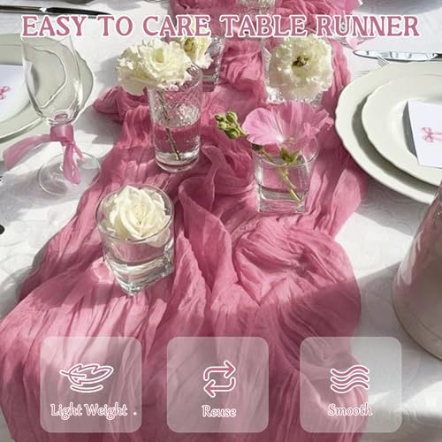4 Pack 120 Inch Dusty Rose Cheesecloth Table Runner Boho Rustic Gauze Sheer Romantic 10 FT Long Cheese Cloth Table Runner for Bridal Baby Shower Wedding Party Birthday Holiday Home Easter Decor