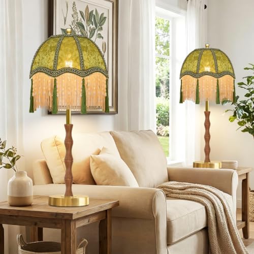 Industrial Table Lamps Set of 2 for Bedroom,Reto Boho Beside Lamp Dimmable Gold Bedroom Lamps Green Desk Tall Table Light Mid Century Modern Mini Nightstand Table Lamp for Bedroom Living Room
