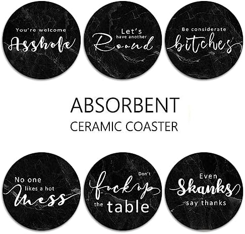 Coasters for Drinks, Set of 6, Ceramic Stone Black Marble