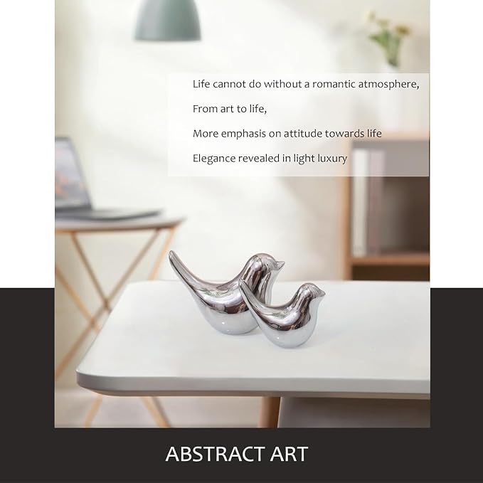 2 Pcs Ceramic Small Bird Figurines Modern Animal Statues for Home 、Room Decor and Bedroom Decor and Bookshelf Display (Silver)