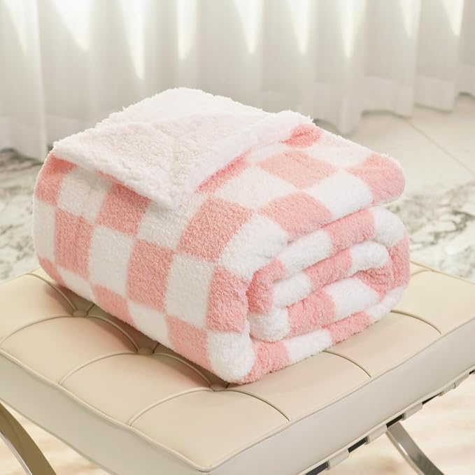 MERRYLIFE Checkered Plaid Sherpa Throw Blanket for Couch Bed Pink 60" 70" | Microfiber fabric, Decorative, Knitted, Checkerboard Grid Pattern, Ultra-Plush Soft, Fuzzy Cozy, Gift Choice, Machine Wash