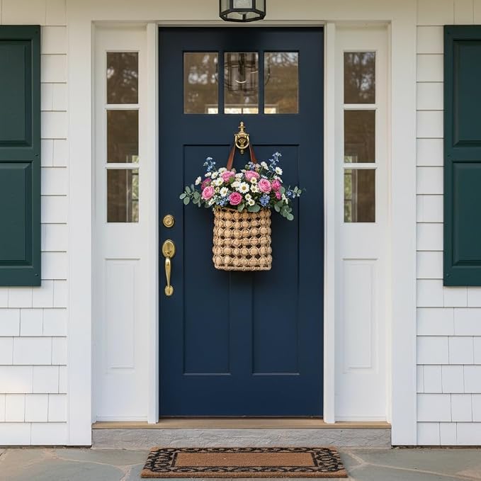 Handwoven Hanging Basket for Wall Baskets-Water Hyacinth Hanging Basket for Front Door, Wall/Door Baskets for Organizing, Storage, Flowers Décor (Water Hyacinth-02)