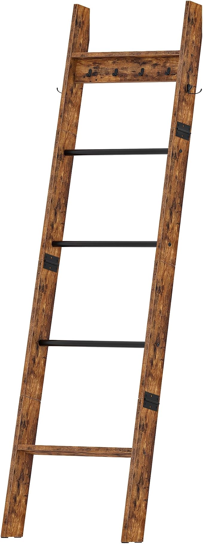 CHOEZON 5-Tier Blanket Ladder, Wooden Blanket Display Rack, Towel Ladder with Hooks, Wall Leaning Display Shelf, for Living Room, Bedroom, Balcony, Rustic Brown and Black MCJ02FG