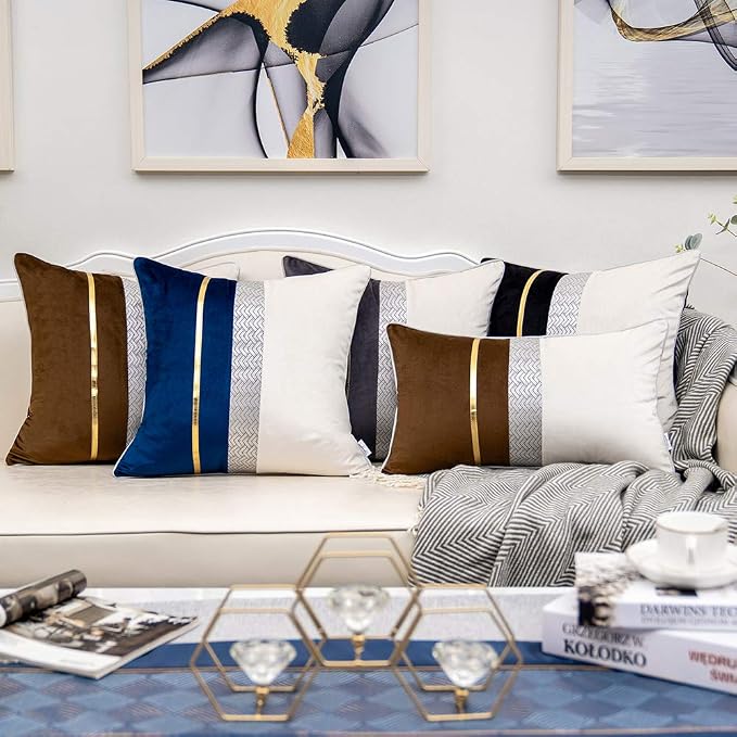 Yangest Dark Grey Patchwork Velvet Throw Pillow Cover with Gold Striped Leather Cushion Case Modern Luxury Pillowcase for Sofa Couch Bedroom Living Room Home Decor,18"x18"