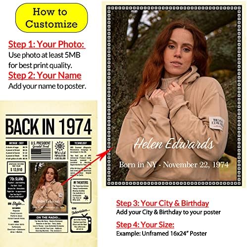 Personalized 51 year old birthday gifts - Back in 1974 Poster - Centerpiece Table Decorations 51st Birthday Party - Custom Born in 1974 Newspaper Vintage Poster for Men, Women