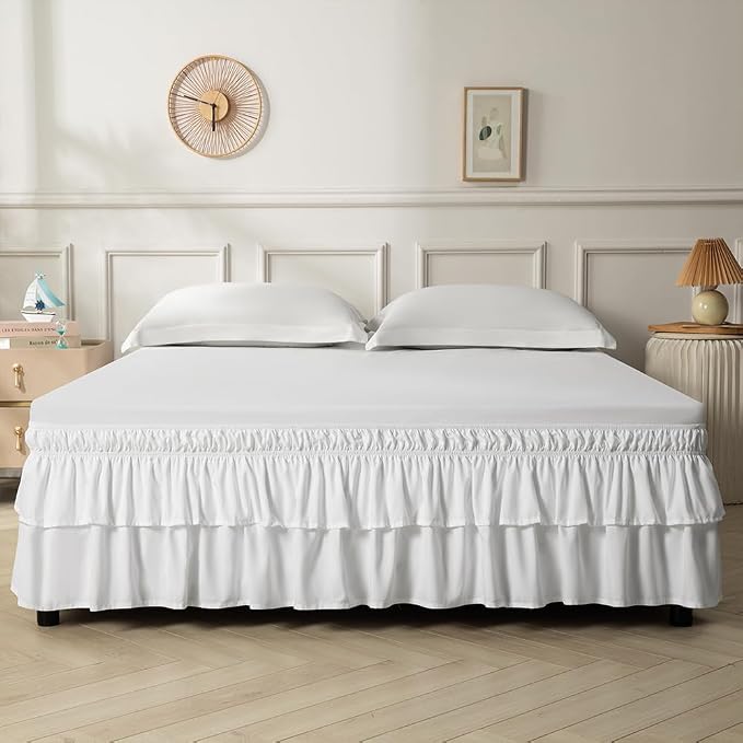 Double-Layered Ruffled Bed Skirt,White,Full/Queen, 14" Drop | Wrap Around, Adjustable Elastic, 2 Layer, Machine Washable Soft Fabric, Multi Ruffle Bedskirt