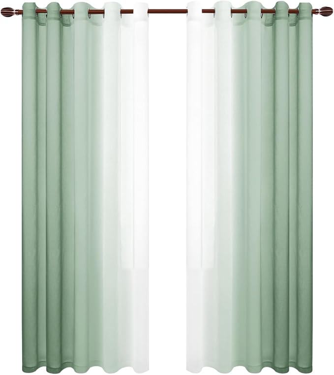 DWCN Ombre Faux Linen Sheer Curtains - Extra Wide Gradient Semi Voile Grommet Top Bedroom and Living Room Curtains, 60 x 84 Inches Long, Set of 2 Window Curtain Panels, Sage Green