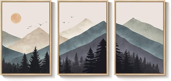 Framed Boho Mountain Forest Landscape Wall Art for Living Room, 16x24 Inch | 3 piece, Modern, Minimalist, Large, Canvas artwork, Nature, Pine tree picture, Bedroom wall decor, Ready to hang, Wood frame
