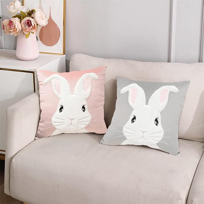 Spring Easter Throw Pillow Covers 18x18 Bunny Pillow Case Spring Decorations,3D Embroidered Rabbit Cushion Cover Decorative Throw Pillows for Home (PINK-1PCS)