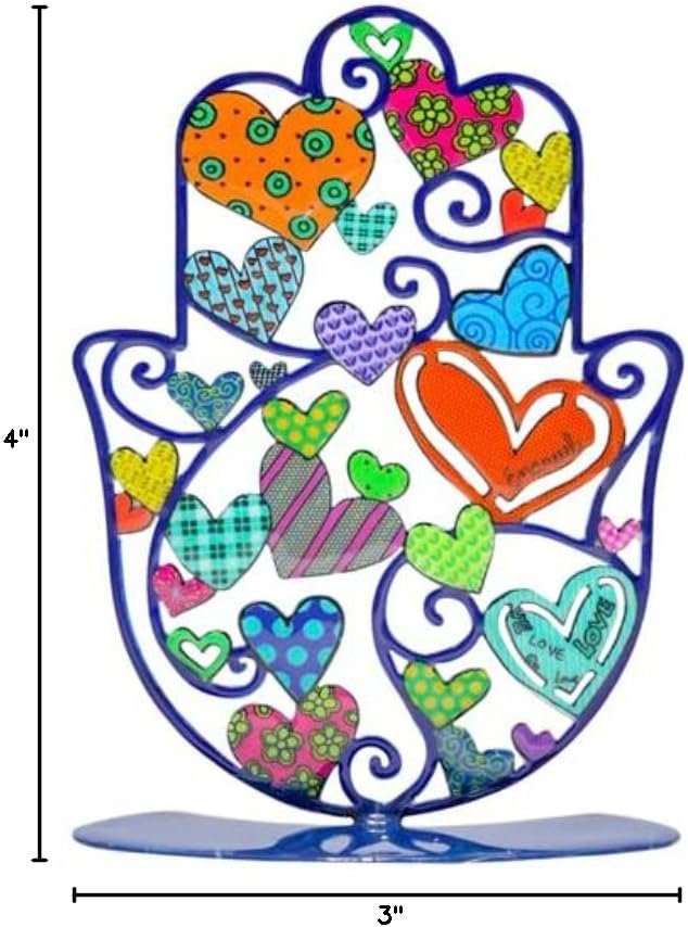 EMANUEL Yair Small Standing Hamsa Hand Amulet 4 inch | Colorful Good Luck Charm | Hamsah Stand Home Blessing | Judaica Art Gift (Hearts SHG-13)