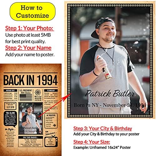 Back in 1994 Poster Sign, Personalized Birthday Gifts Idea, Custom 1994 Historical Birthday Newspaper, Born in 1994 Birthday Party Decorations, Fun Fact for the Day You Were Born, Decor Art Print