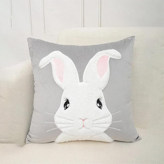Spring Easter Throw Pillow Covers 18x18 Funny Bunny Pillowcase,3D Embroidered Rabbit Cushion Cover Velvet Decorative Throw Pillows for Home Decor (Light Gray -1PCS)