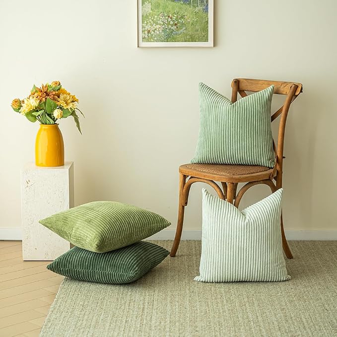 LANANAS Decorative Corduroy Throw Pillow Covers 18x18 Inch Green Bloom | Set of 4 Neutral Couch Farmhouse Boho Throw Pillows for Living Room, Couch, Bed, Sofa Soft Accent Home Decor