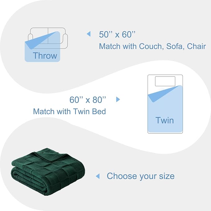 Whale Flotilla Checkered Knit Throw Blanket for Couch, Dark Green | Soft Decorative Knitted Blankets for Couch Sofa Bed, Lightweight Cozy Throws for Spring Summer, 60x80 Inch