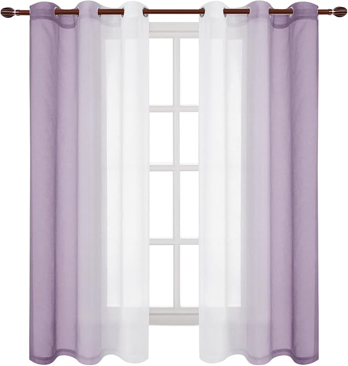 DWCN Faux Linen Ombre Short Sheer Curtains - 63 inch Length Gradient Semi Voile Curtains for Bedroom and Living Room, Set of 2 Grommet Top Window Curtain Panels, 42 x 63 Inches Long, Lavender